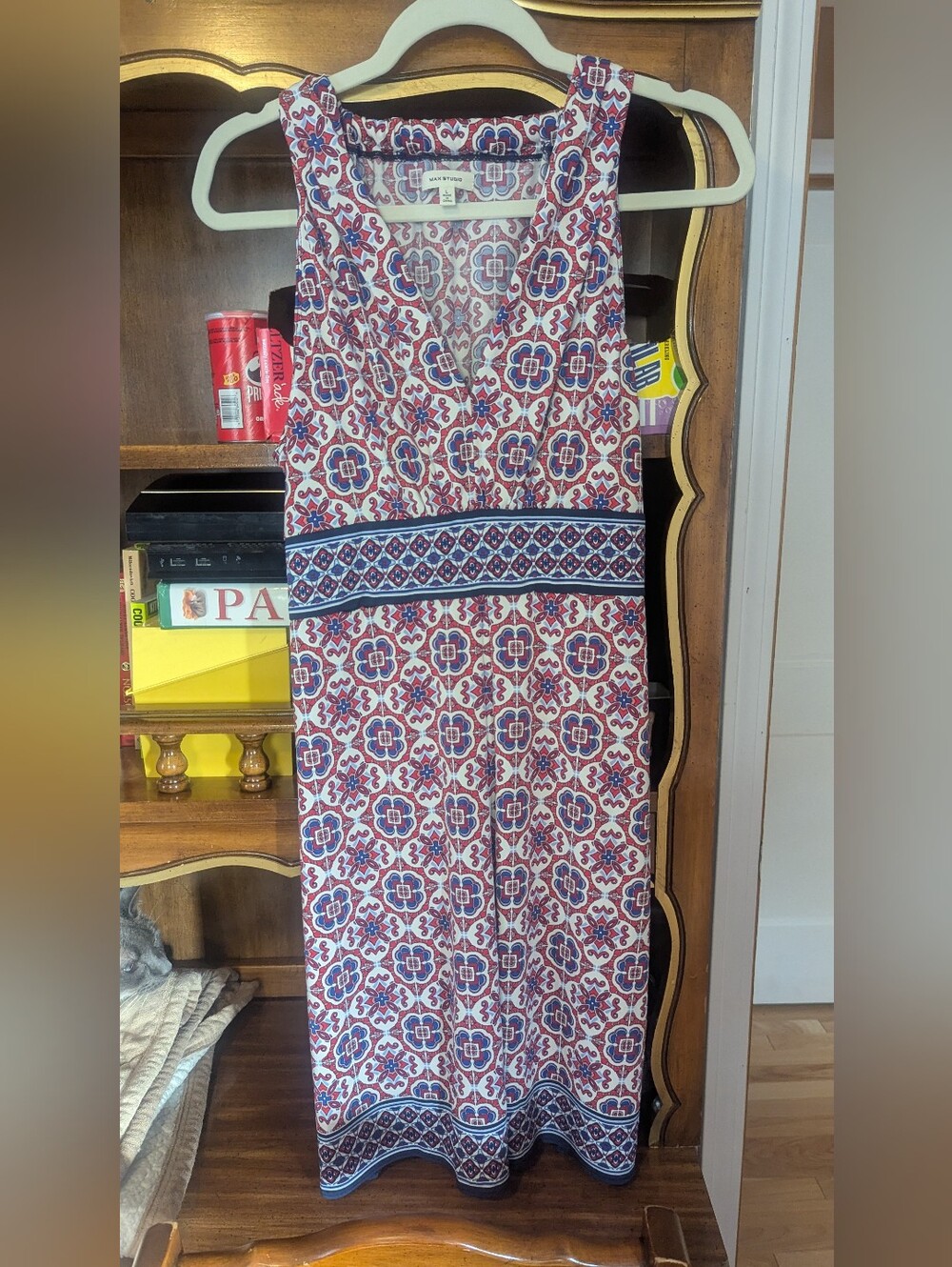 Max Studio Red and Blue Geometric Sleeveless V-Neck Dress